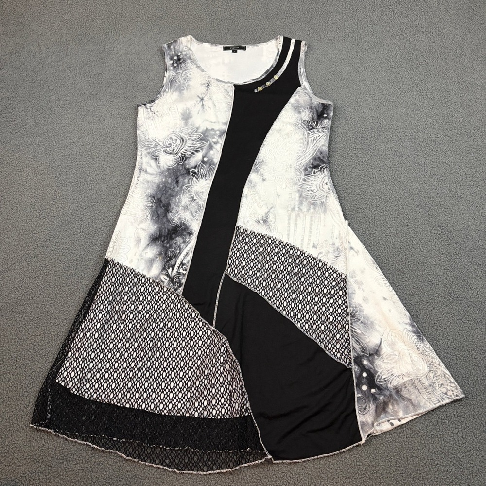 Cativa Sleeveless Dress Womens Small Black White Patchwork Mesh Abstract 8710